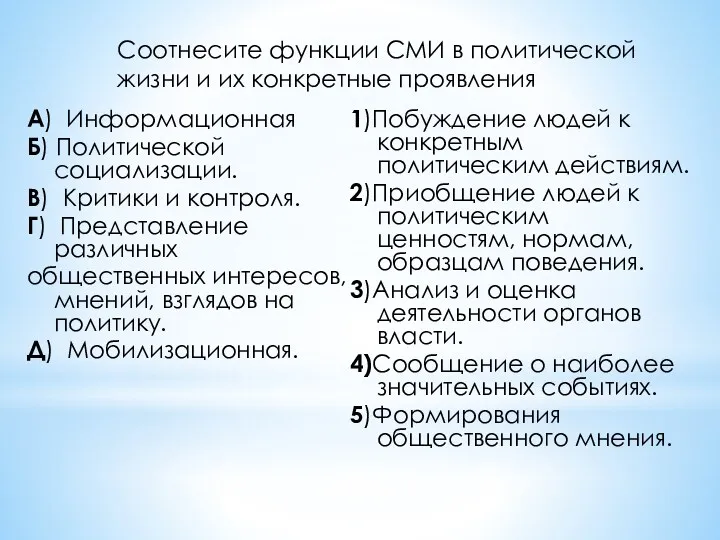 Соотнесите функции СМИ в политической жизни и их конкретные проявления