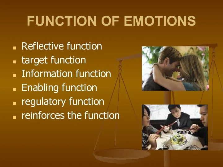 FUNCTION OF EMOTIONS Reflective function target function Information function Enabling function regulatory function reinforces the function