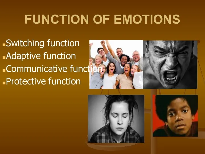 FUNCTION OF EMOTIONS Switching function Adaptive function Communicative function Protective function