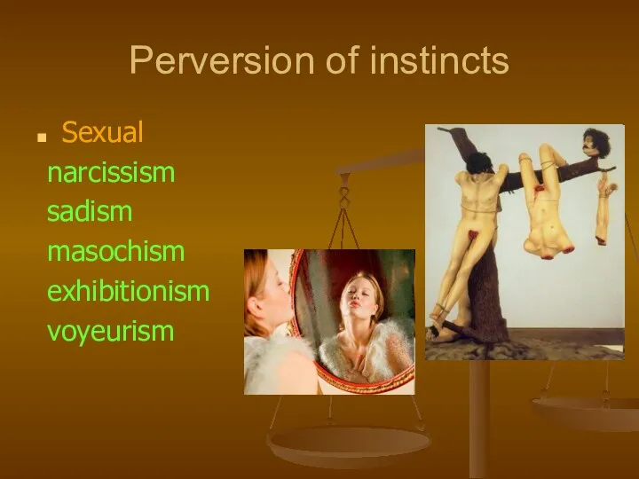 Perversion of instincts Sexual narcissism sadism masochism exhibitionism voyeurism