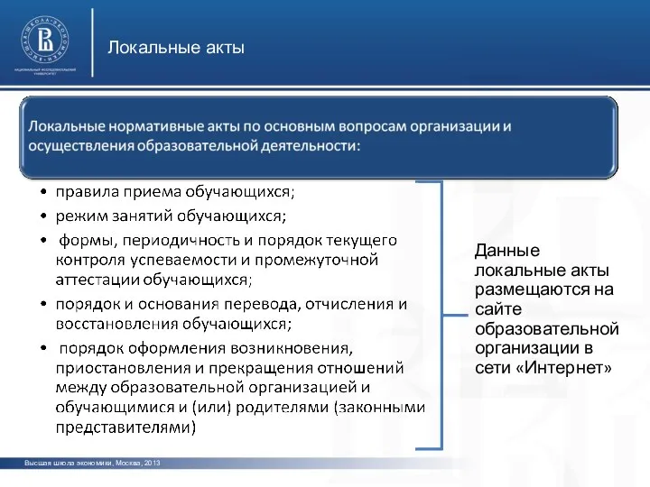 Локальные акты Высшая школа экономики, Москва, 2013 Данные локальные акты