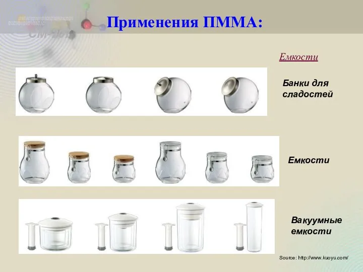 Емкости CM-207 Банки для сладостей Вакуумные емкости Емкости Source: http://www.kuoyu.com/ Применения ПММА: