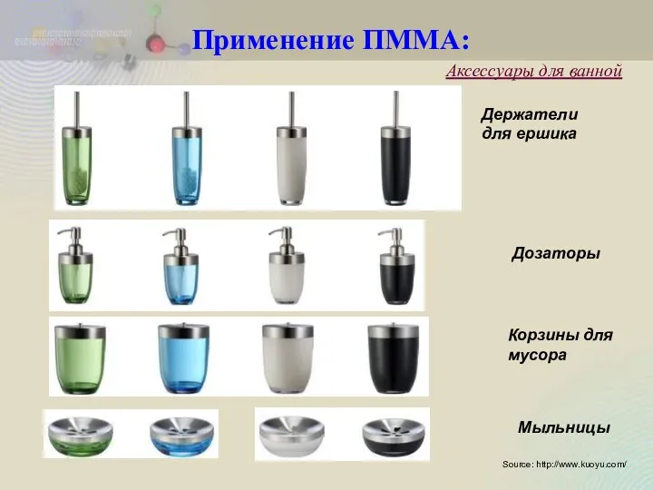Аксессуары для ванной CM-207 Держатели для ершика Дозаторы Корзины для мусора Мыльницы Source: http://www.kuoyu.com/ Применение ПММА:
