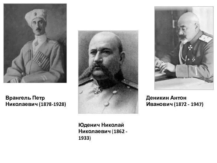 Врангель Петр Николаевич (1878-1928) Деникин Антон Иванович (1872 - 1947) Юденич Николай Николаевич (1862 - 1933)