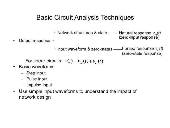 Basic Circuit Analysis Techniques Output response Basic waveforms Step input Pulse input Impulse