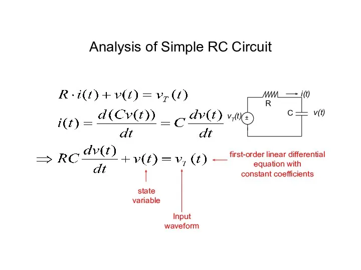 Analysis of Simple RC Circuit first-order linear differential equation with constant coefficients state variable Input waveform