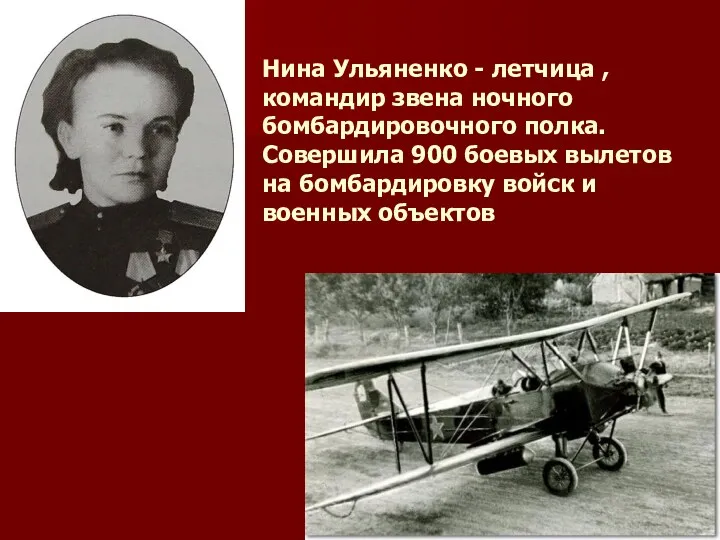 Нина Ульяненко - летчица , командир звена ночного бомбардировочного полка.