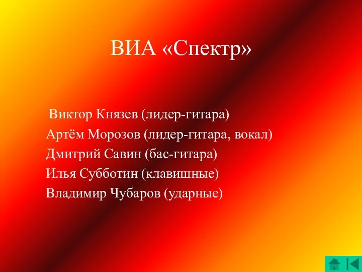 ВИА «Спектр» Виктор Князев (лидер-гитара) Артём Морозов (лидер-гитара, вокал) Дмитрий