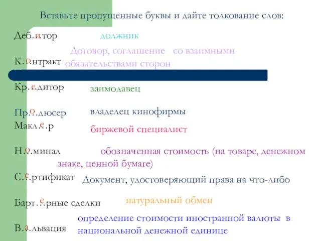 Вставьте пропущенные буквы и дайте толкование слов: Деб…тор К…нтракт Кр…дитор