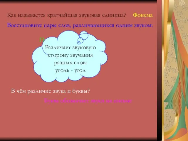 Как называется кратчайшая звуковая единица? Фонема Восстановите пары слов, различающихся