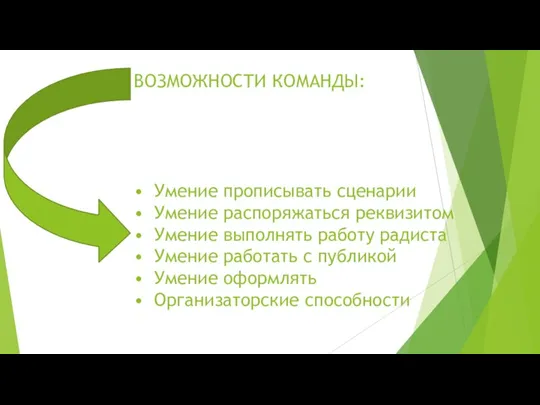 ВОЗМОЖНОСТИ КОМАНДЫ: • Умение прописывать сценарии • Умение распоряжаться реквизитом