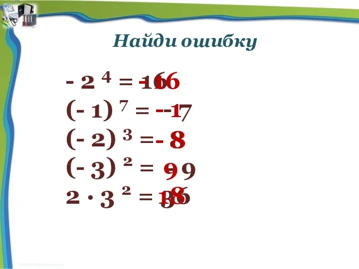 Найди ошибку - 2 4 = (- 1) 7 =