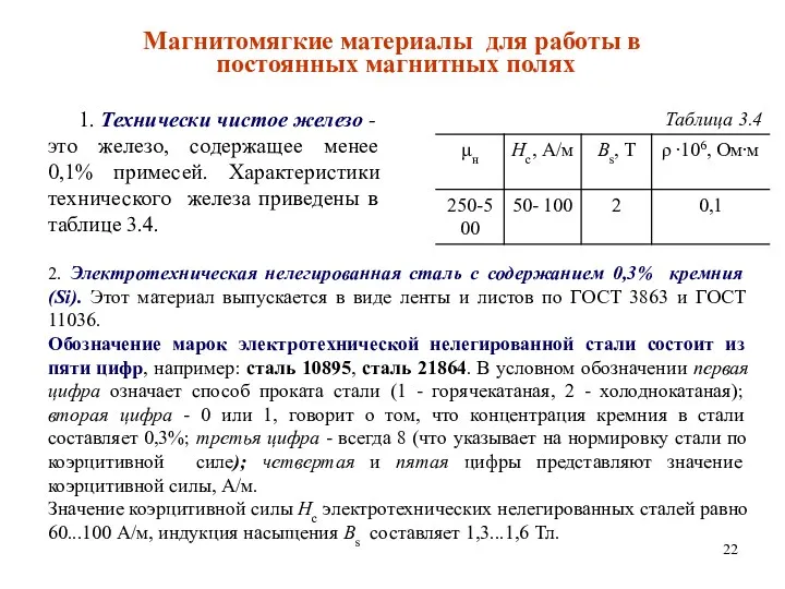 Магнитомягкие материалы для работы в постоянных магнитных полях 1. Технически