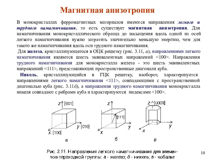 Магнитная анизотропия В монокристаллах ферромагнитных материалов имеются направления легкого и