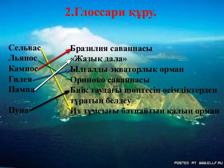 2.Глоссари құру. Сельвас Льянос Кампос Гилея Пампа Пуна Бразилия саваннасы