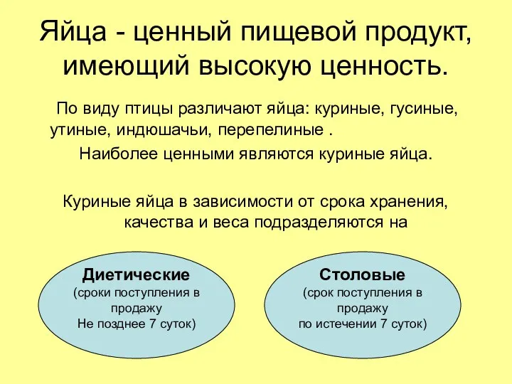 Яйца - ценный пищевой продукт, имеющий высокую ценность. По виду