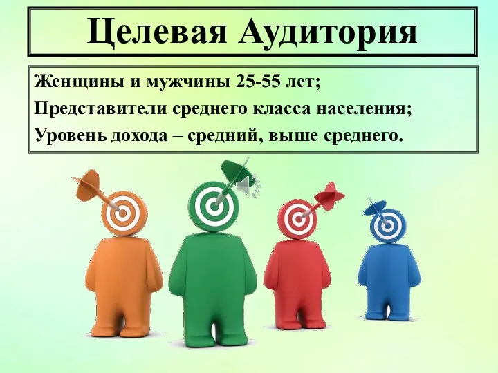 Целевая Аудитория Женщины и мужчины 25-55 лет; Представители среднего класса