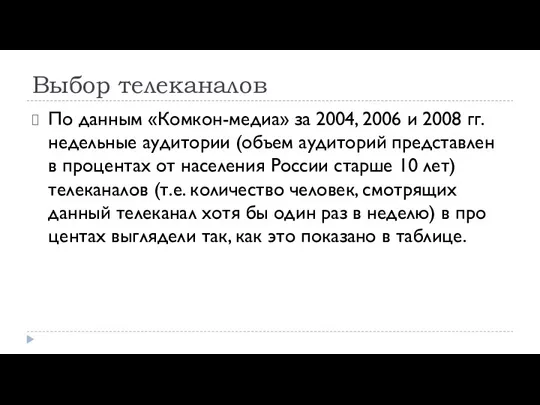 Выбор телеканалов По данным «Комкон-медиа» за 2004, 2006 и 2008