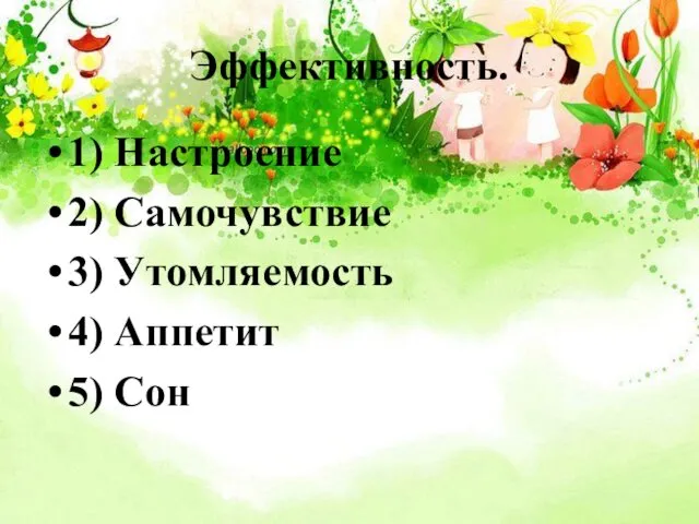 Эффективность. 1) Настроение 2) Самочувствие 3) Утомляемость 4) Аппетит 5) Сон