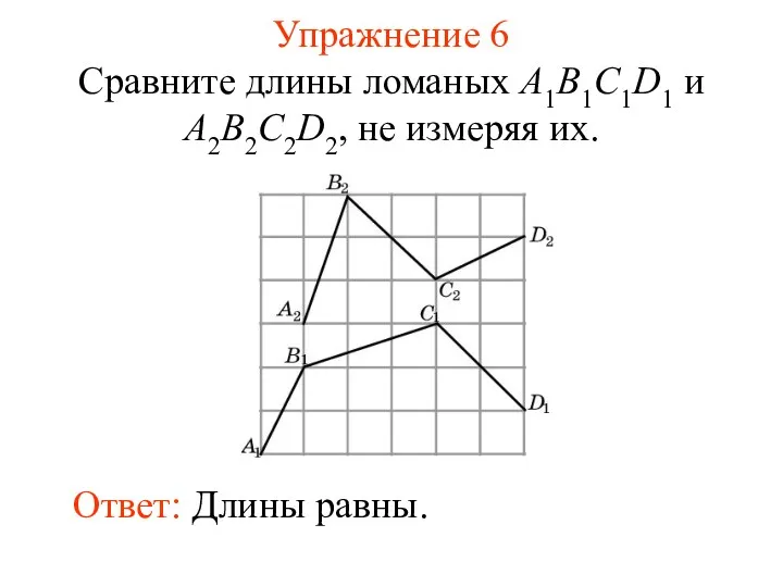 Упражнение 6 Сравните длины ломаных A1B1C1D1 и A2B2C2D2, не измеряя их. Ответ: Длины равны.