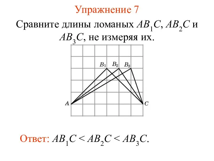 Упражнение 7 Сравните длины ломаных AB1C, AB2C и AB3C, не измеряя их. Ответ: AB1C