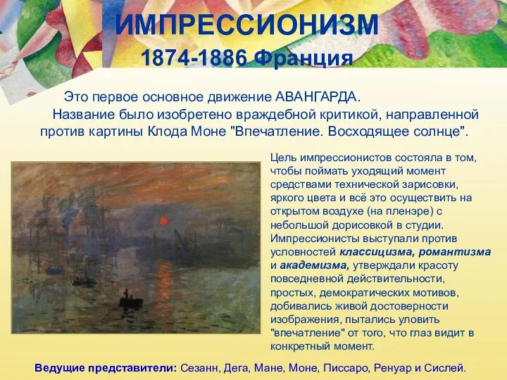 ИМПРЕССИОНИЗМ 1874-1886 Франция Это первое основное движение АВАНГАРДА. Название было