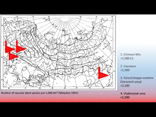 Number of vascular plant species per 1,000 km2 (Malyshev 1992)