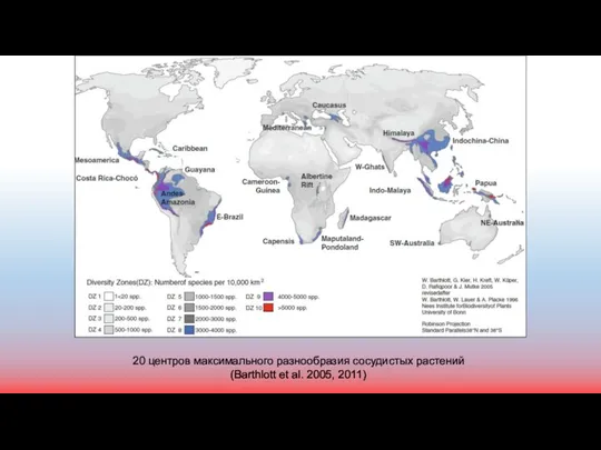 20 центров максимального разнообразия сосудистых растений (Barthlott et al. 2005, 2011)