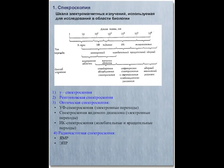 Шкала электромагнитных излучений, используемая для исследований в области биологии 1.
