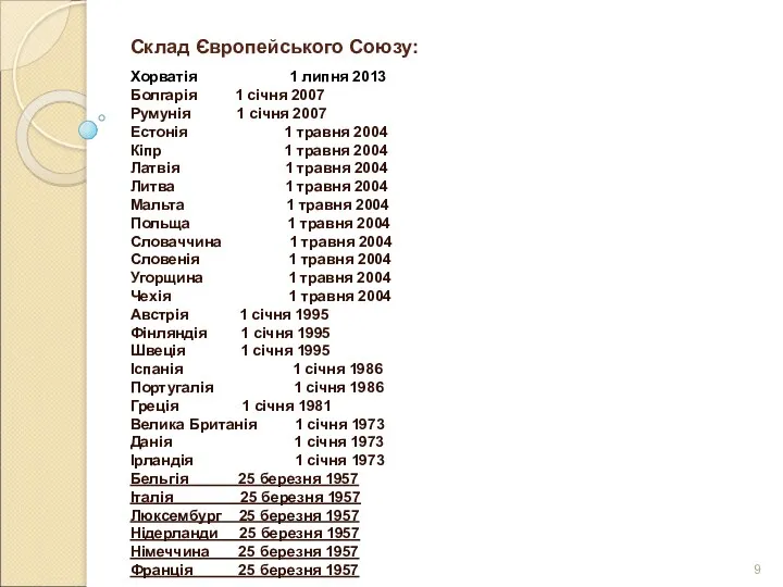 Склад Європейського Союзу: Хорватія 1 липня 2013 Болгарія 1 січня