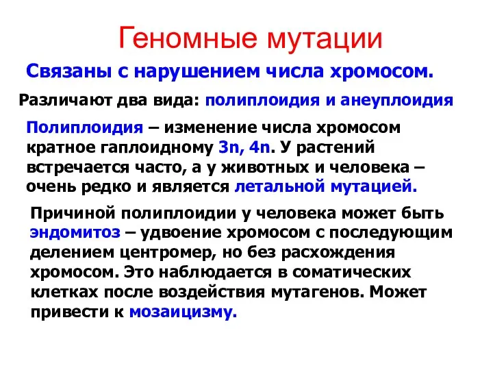 Геномные мутации Связаны с нарушением числа хромосом. Различают два вида: полиплоидия и анеуплоидия