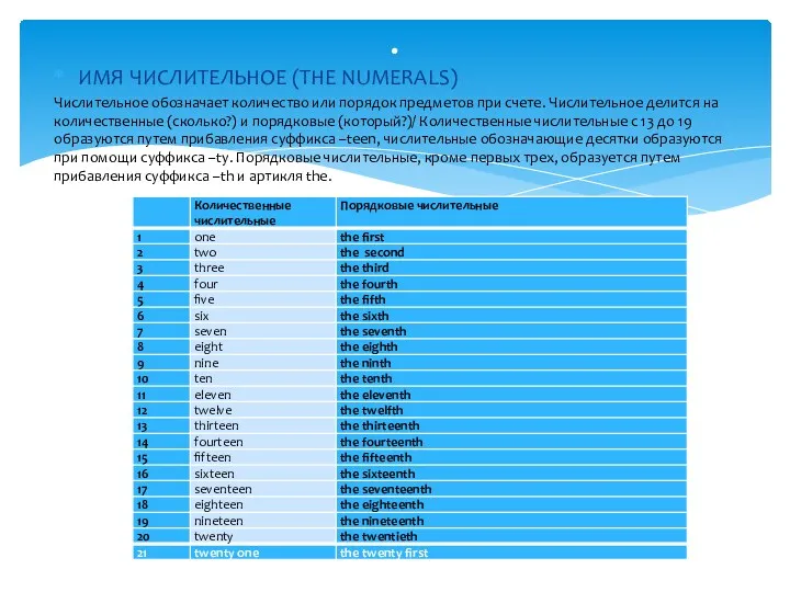 ИМЯ ЧИСЛИТЕЛЬНОЕ (THE NUMERALS) Числительное обозначает количество или порядок предметов
