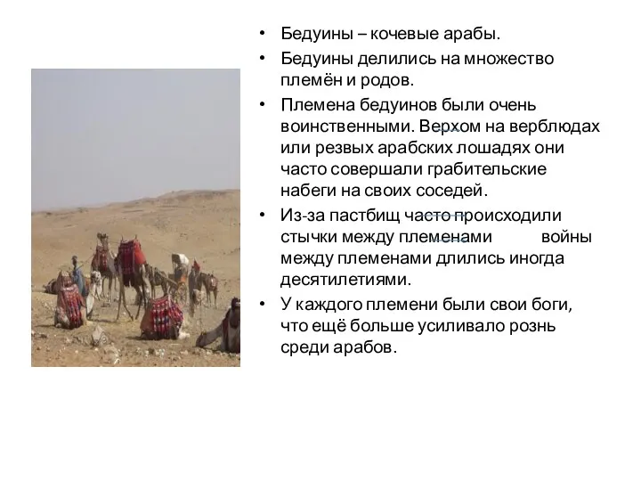 Бедуины – кочевые арабы. Бедуины делились на множество племён и родов. Племена бедуинов