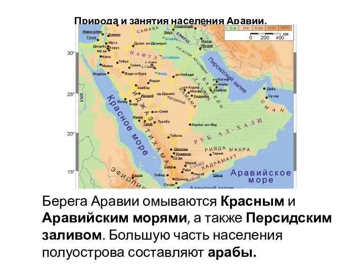 Природа и занятия населения Аравии. Берега Аравии омываются Красным и Аравийским морями, а