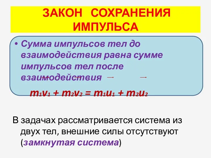 ЗАКОН СОХРАНЕНИЯ ИМПУЛЬСА Сумма импульсов тел до взаимодействия равна сумме