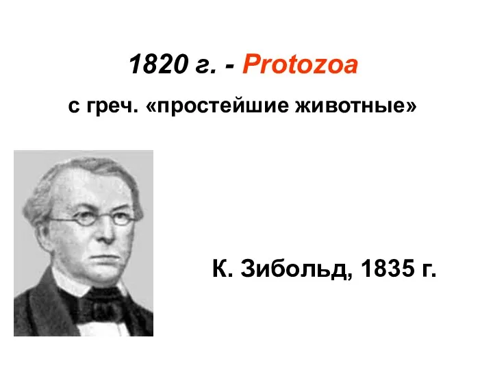 1820 г. - Protozoa с греч. «простейшие животные» К. Зибольд, 1835 г.