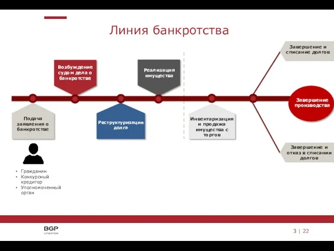 3 | 22 Линия банкротства Подача заявления о банкротстве Возбуждение