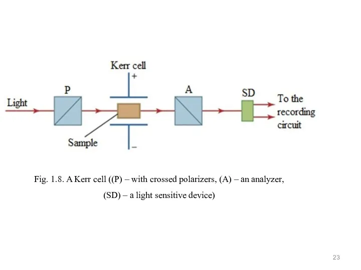 Fig. 1.8. A Kerr cell ((P) – with crossed polarizers,