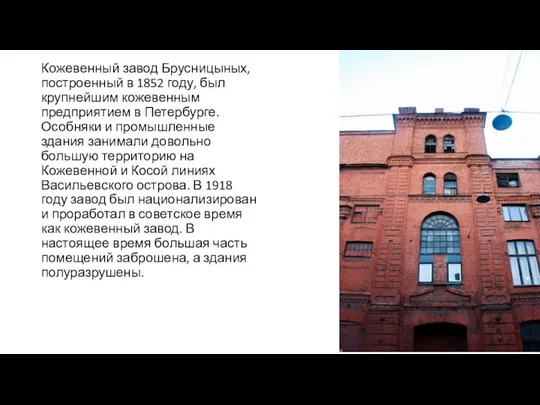 Кожевенный завод Брусницыных, построенный в 1852 году, был крупнейшим кожевенным