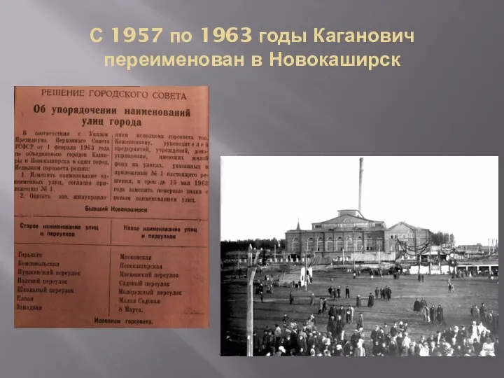 С 1957 по 1963 годы Каганович переименован в Новокаширск
