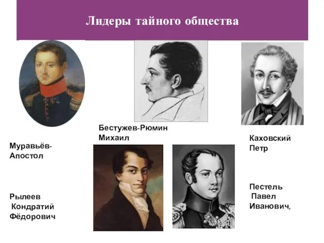 Лидеры тайного общества Пестель Павел Иванович, Рылеев Кондратий Фёдорович Муравьёв-Апостол Бестужев-Рюмин Михаил Каховский Петр