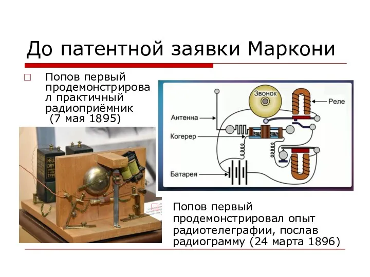 До патентной заявки Маркони Попов первый продемонстрировал практичный радиоприёмник (7