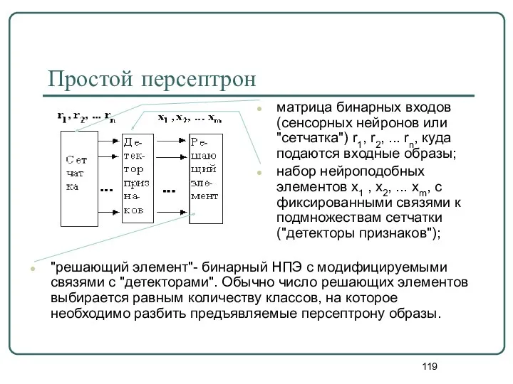 Простой персептрон матрица бинарных входов (сенсорных нейронов или "сетчатка") r1,