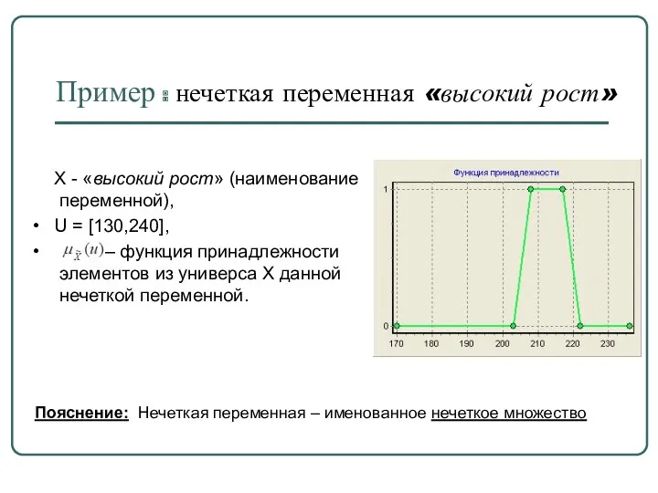 Пример : нечеткая переменная «высокий рост» Х - «высокий рост»