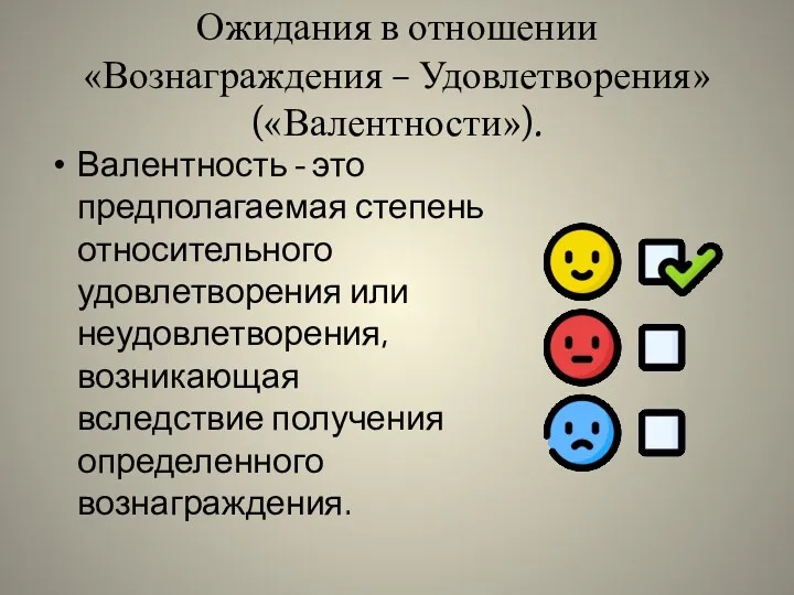 Ожидания в отношении «Вознаграждения – Удовлетворения» («Валентности»). Валентность - это