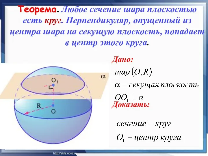 Теорема. Любое сечение шара плоскостью есть круг. Перпендикуляр, опущенный из