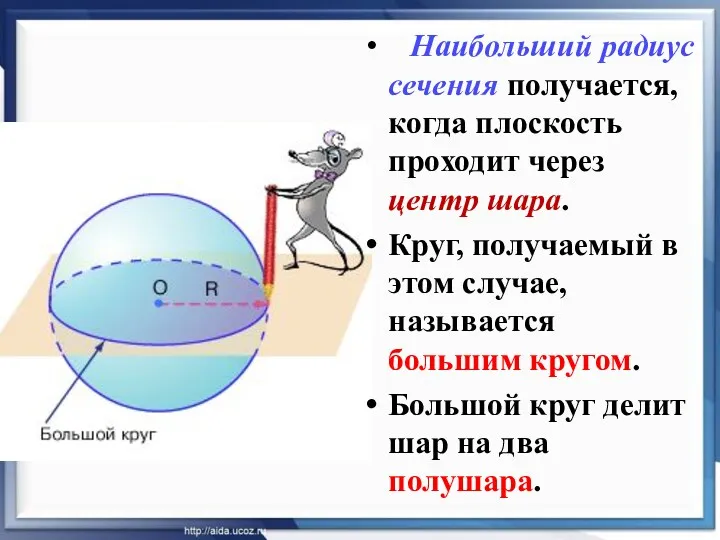 Наибольший радиус сечения получается, когда плоскость проходит через центр шара.