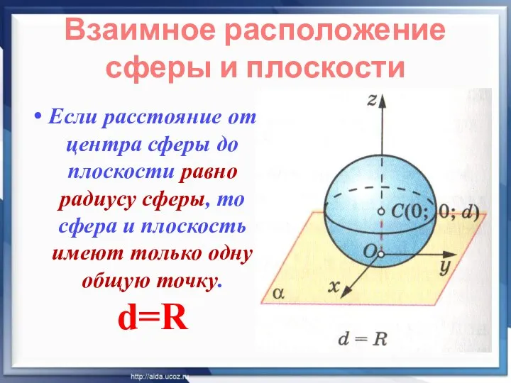 Взаимное расположение сферы и плоскости Если расстояние от центра сферы