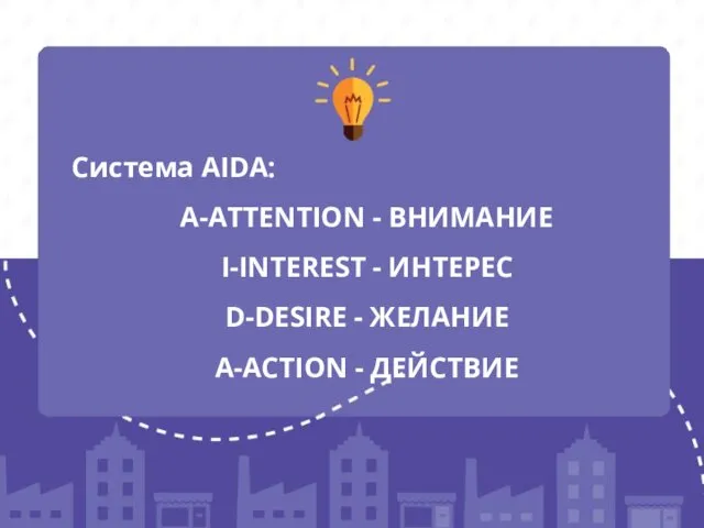 Cистема AIDA: A-ATTENTION - ВНИМАНИЕ I-INTEREST - ИНТЕРЕС D-DESIRE - ЖЕЛАНИЕ A-ACTION - ДЕЙСТВИЕ