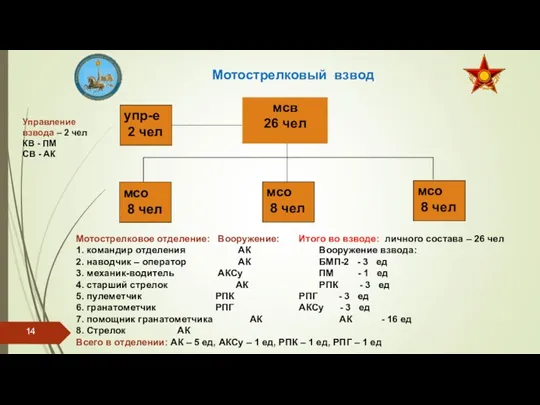 Мотострелковый взвод Мотострелковое отделение: Вооружение: Итого во взводе: личного состава